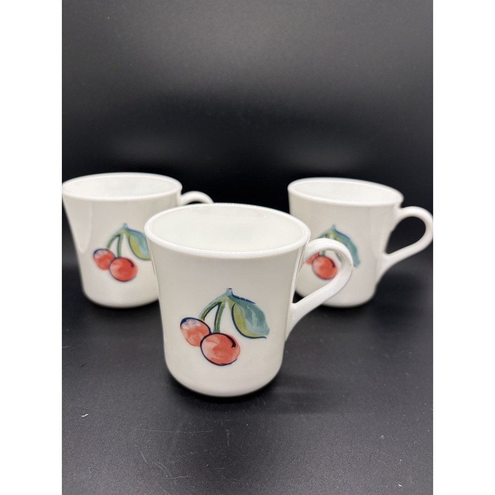 3 Corning Ware Corelle FRUIT BASKET Coffee Mug Cup CHERRY APPLE EUC‎